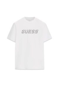 Weißes Baumwoll-T-Shirt mit dem Schriftzug "GUESS" in einem grafischen Design mit gemustertem Textur, kurzen Ärmeln und Rundhalsausschnitt.