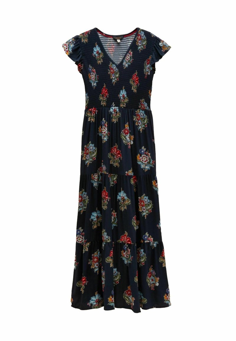 Robe maxi bleu marine à manches courtes, encolure en V et motif floral coloré en rouge, bleu, blanc et vert.