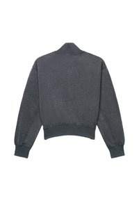 Dunkelgraues Sweatshirt mit langen Ärmeln, gerippten Bündchen, Kragen und Bund, Rückansicht vor weißem Hintergrund.