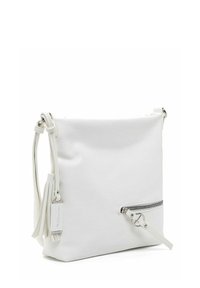 Bolso de cuero sintético blanco con un bolsillo frontal con cremallera, detalle lateral anudado y acentos de borlas. Textura suave, forma rectangular simple.