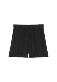 Pantalones cortos negros fabricados en material suave, con cinturilla elástica, bolsillos laterales y un corte holgado. Textura lisa sin patrones visibles.