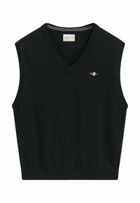 Zwarte mouwloze sweater met een V-hals, gemaakt van zacht materiaal, met een klein geborduurd logo op de linkerborst en een geribde zoom.