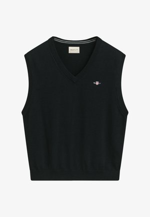Black sleeveless sweater vest with a v-neck, made of soft material, featuring a small embroidered logo on the left chest and ribbed hem.