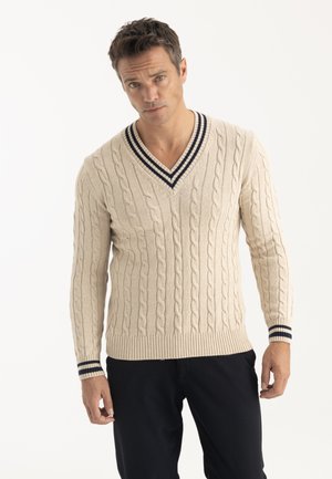 Homme portant un pull crème à col en V en maille torsadée, avec des rayures bleu marine sur le col et les poignets, associé à un pantalon noir, debout sur fond blanc.