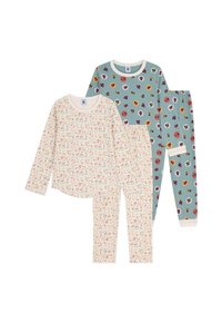 Kaksi sarjaa lasten pyjama: yksi kukkakuosisena valkoisella pohjalla, toinen teal-värinen värikkäillä leppäkerttokuvioilla. Puuvillamateriaalia, pitkät hihat ja housut.