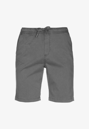 Pelēki kokvilnas šorti ar elastīgu jostu, regulējamu auklu un sānu šuvju kabatām. Vienkāršs dizains ar taisnu griezumu un maliņu.