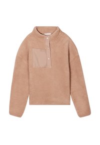 Pull en polaire beige avec un col montant, poche avant en tissu doux et fermeture à boutons. Présente une surface texturée pour apporter de la chaleur.