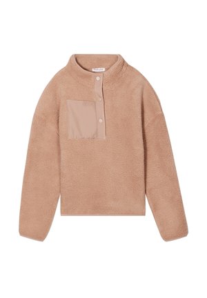 Beiger Fleece-Pullover mit Mock-Neck-Kragen, Fronttasche aus weichem Material und Knopfverschluss. Mit strukturiertem Oberflächenmaterial für zusätzliche Wärme.