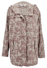 Lätt, beige jacka med ett palmmönster i dämpad rosa. Snörning i midjan, huva och två sidofickor med knappstängning.