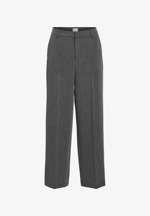 Gray tailored pants with a straight-leg design, flat front, and subtle texture. Features a waistband with belt loops and no visible pockets.