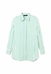 Camicia a maniche lunghe con bottoni caratterizzata da uno sfondo bianco con strisce verticali verdi, un logo giallo sul petto e colletto classico.