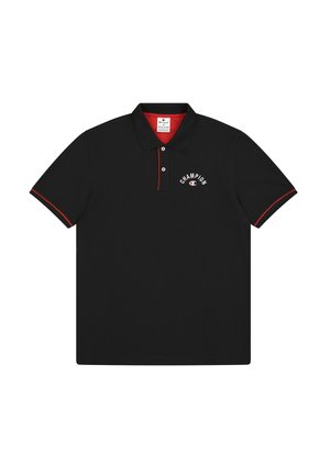 Schwarzes Poloshirt aus Baumwolle mit roten Akzenten. Es verfügt über einen Kragen, eine Zwei-Knopf-Leiste und das in Weiß bestickte "Champion"-Logo.
