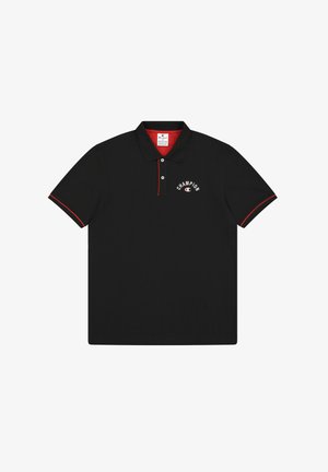 Schwarzes Poloshirt aus Baumwolle mit roten Akzenten. Es verfügt über einen Kragen, eine Zwei-Knopf-Leiste und das in Weiß bestickte "Champion"-Logo.