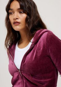 Velvet zip-up hoodie in burgundy, featuring a small embroidered crown logo on the left chest and a white crew-neck t-shirt underneath.