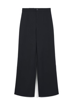 Czarne spodnie o szerokich nogawkach z gładką fakturą, z przodu z zapięciem na guziki i bez widocznych kieszeni. Prosty krój o minimalistycznym designie.