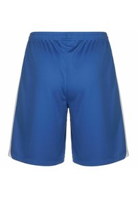 Blaue Sportshorts mit glatter Textur, ausgestattet mit einem weißen Seiteneinsatz. Elastischer Bund für Komfort, entworfen für sportliche Aktivitäten.