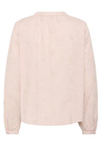 Pink blouse with long sleeves, featuring floral embroidery and gathered detail at the neckline. Soft fabric with a smooth texture.