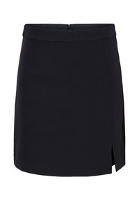 Musta mini-hame, joka on valmistettu sileästä kankaasta. Hameessa on niukka malli, takana vetoketju ja sivuhalkio lisäyksinä.