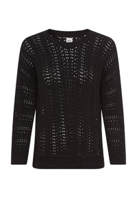 Schwarzer Strickpullover mit strukturiertem Muster und offenen Maschen, Rundhalsausschnitt sowie gerippten Bündchen und Saum. Leichtes Design, ideal zum Layering.