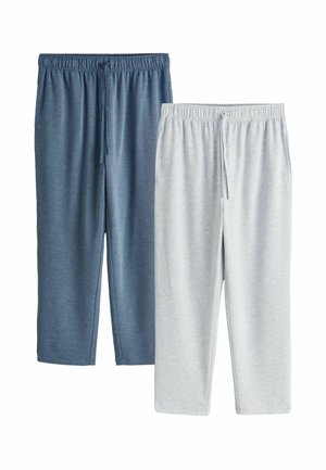Zwei Paar Sweatpants mit elastischem Bund und Kordelzug, eines in Blau und eines in Hellgrau, auf weißem Hintergrund dargestellt.
