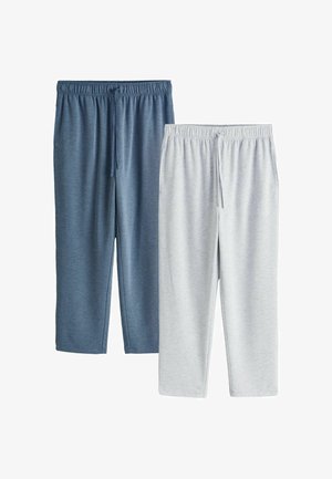 Deux pantalons de survêtement à taille élastique avec cordons de serrage, l'un en bleu et l'autre en gris clair, présentés sur un fond blanc.