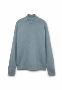 Ljusblå tröja tillverkad av mjukt tyg, med hög ribbade krage och ribbade mudd, i en avslappnad passform och rak fåll.