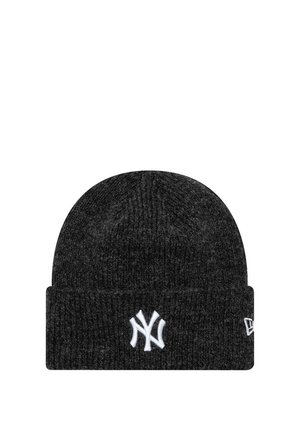 Bonnet en tricot noir avec un revers replié et un logo "NY" brodé en blanc à l'avant. Texture douce avec un ajustement confortable.