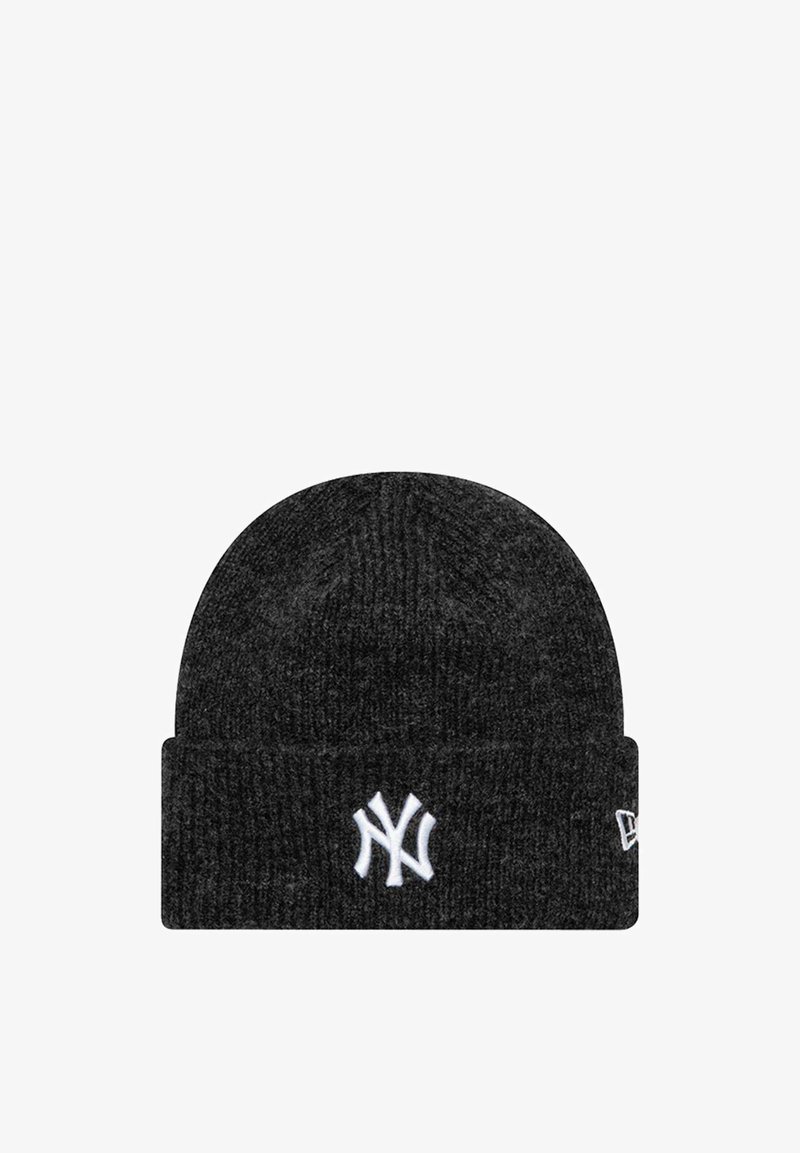 Bonnet en tricot noir avec un revers replié et un logo "NY" brodé en blanc à l'avant. Texture douce avec un ajustement confortable.