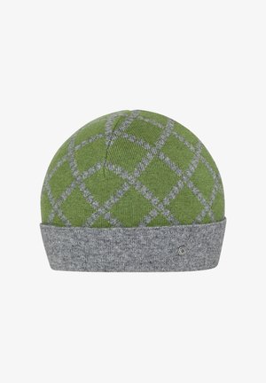 Cappello di maglia verde con motivo argyle grigio, dalla sommità arrotondata e con risvolto grigio. Presenta un piccolo dettaglio a bottone sul lato. Tessuto morbido.
