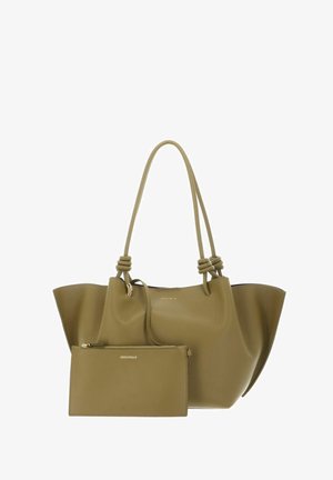 Olivegrüne Ledertasche mit geknoteten Doppelgriffen und passender abnehmbarer Tasche mit goldfarbenem Reißverschluss und Logo.