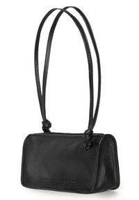 Juodos odinės delninės stačiakampio formos, ploni, mazgoti dirželiai ir tekstūruota paviršius. Minimalistinis dizainas, be matomų detalių.