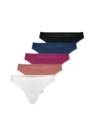 Fünf Damen-Bikini-Slips in Schwarz, Marineblau, Magenta, Rosé und Weiß, ordentlich gestapelt auf weißem Hintergrund.