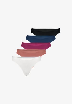 Fünf Damen-Bikini-Slips in Schwarz, Marineblau, Magenta, Rosé und Weiß, ordentlich gestapelt auf weißem Hintergrund.