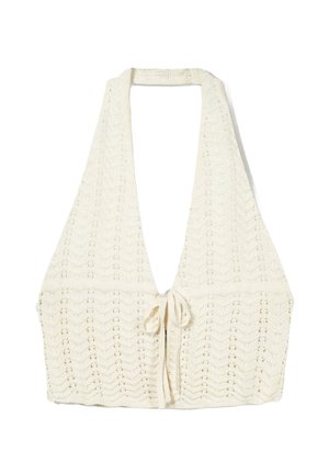 Häkel-Haltertop in Creme mit V-Ausschnitt, strukturiertem Zickzackmuster und einer mittigen Schleife. Ärmeloses Design mit einer verkürzten Passform.