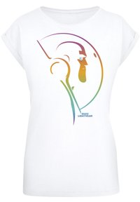 White cotton T-shirt featuring a color gradient graphic of a character's profile, with text "BUZZ LIGHTYEAR" at the bottom.