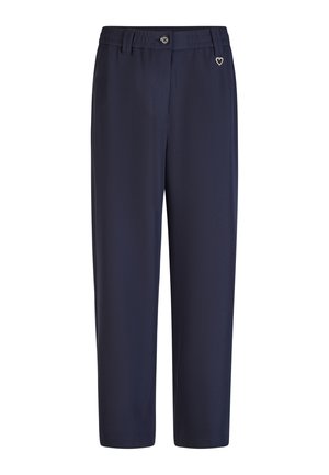 Navy blue straight-leg pants with button and zip closure, belt loops, elastic waistband, and small heart-shaped charm on the right side.