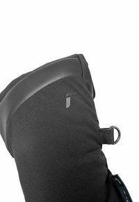 Black insulated glove featuring a smooth leather patch, reinforced stitching, and a circular hanging loop for easy storage.