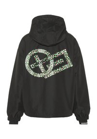 Black hooded jacket with elastic cuffs featuring a large, multicolored leopard print graphic and text design on the back.