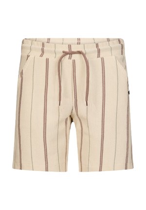 Kremowe dzianinowe krótkie spodenki z pionowymi brązowymi i jasnozielonymi paskami, przednimi kieszeniami oraz brązowym wiązaniem w pasie.