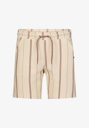 Cremefarbene Strickshorts mit vertikalen braunen und hellgrünen Streifen, Vordertaschen und einem braunen Kordelzugbund.