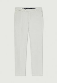 Pantaloni grigi chiari realizzati in un tessuto dalla texture liscia, dotati di chiusura con zip e bottone e tasche frontali. Vestibilità slim, su misura.