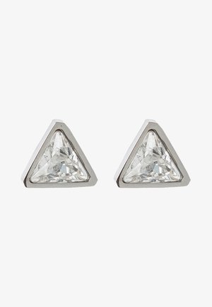 Paire de boucles d'oreilles triangulaires en argent avec des pierres précieuses claires facettées encadrées dans une monture en argent.