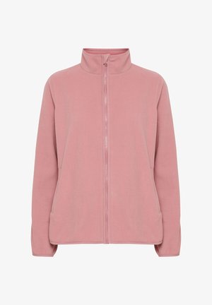 Siltie rozā polārlapas jaka ar augstu apkakli, pilnu rāvējslēdzēju un sānu kabatām. Gluda tekstūra, garas piedurknes un brīvs piegriezums.