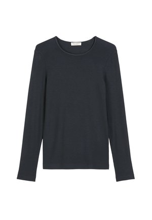 Dunkelblaues Langarm-T-Shirt aus weichem, glattem Stoff. Verfügt über einen runden Halsausschnitt und einen geraden Saum ohne sichtbare Muster oder Akzente.
