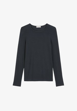 Donker marineblauwe langemouwen T-shirt van zachte, gladde stof. Heeft een ronde halslijn en een rechte zoom zonder zichtbare patronen of accenten.