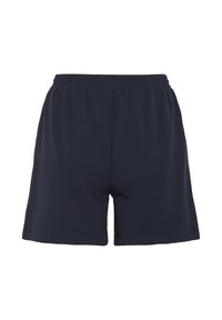 Shorts décontractés bleu marine à taille élastique avec jambes droites, conçus pour le confort et les loisirs.