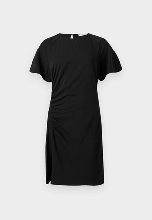 Schwarzes Kleid mit kurzen, flatternden Ärmeln, Raffung an der Seite, knielang, glattes Material mit einem subtilen Schimmer, Reißverschluss hinten.