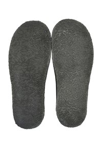 Black insoles with textured surface featuring leaf-like patterns. Each insole is shaped to fit foot contours for comfort.