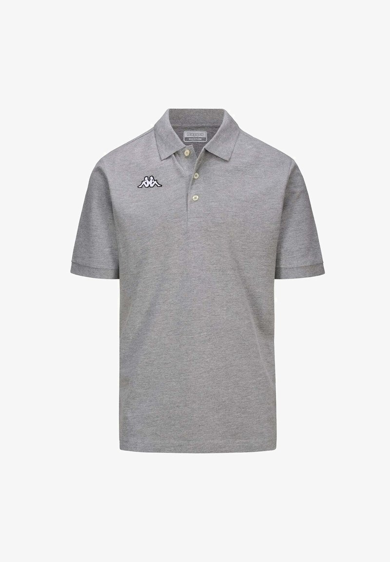 Polo grigio in cotone, con colletto classico, tre bottoni e logo ricamato nero sul lato sinistro del petto.