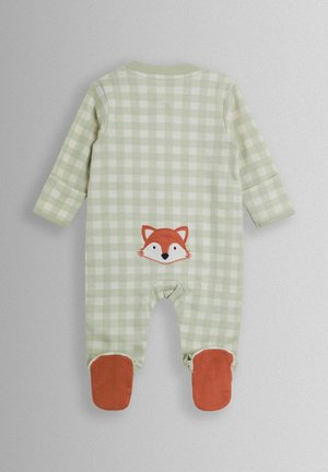 Roheline ja valge ruuduline pikkade varrukatega bodi, millel on seljal rebase näo pealmine õmblus ja oranžid tallatükid. Pehme, tekstuuriga kangas.